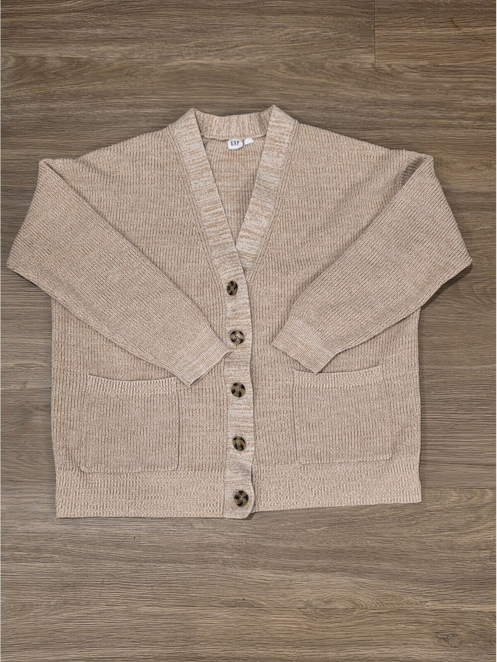 GAP Womens Large Tan Oatmeal Chunky Knit 100% Cotton Cardigan Sweater